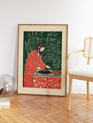 Illustration of Jesus wearing red headphones and a red robe, acting as a DJ on turntables, against a dark green leafy background. - Image 2