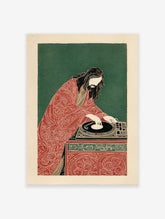 Stylized illustration of Jesus with long hair and beard, wearing a patterned red robe, DJing on a turntable.