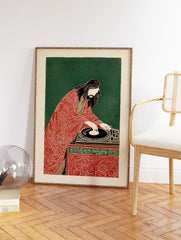 Stylized illustration of Jesus with long hair and beard, wearing a patterned red robe, DJing on a turntable. - Image 2