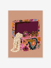 Colorful floral jewelry box illustration with pearls and gems, pink wall art print