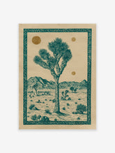 Illustrated Joshua Tree desert landscape poster with teal tree, mountains, and gold suns, framed by an ornate border.