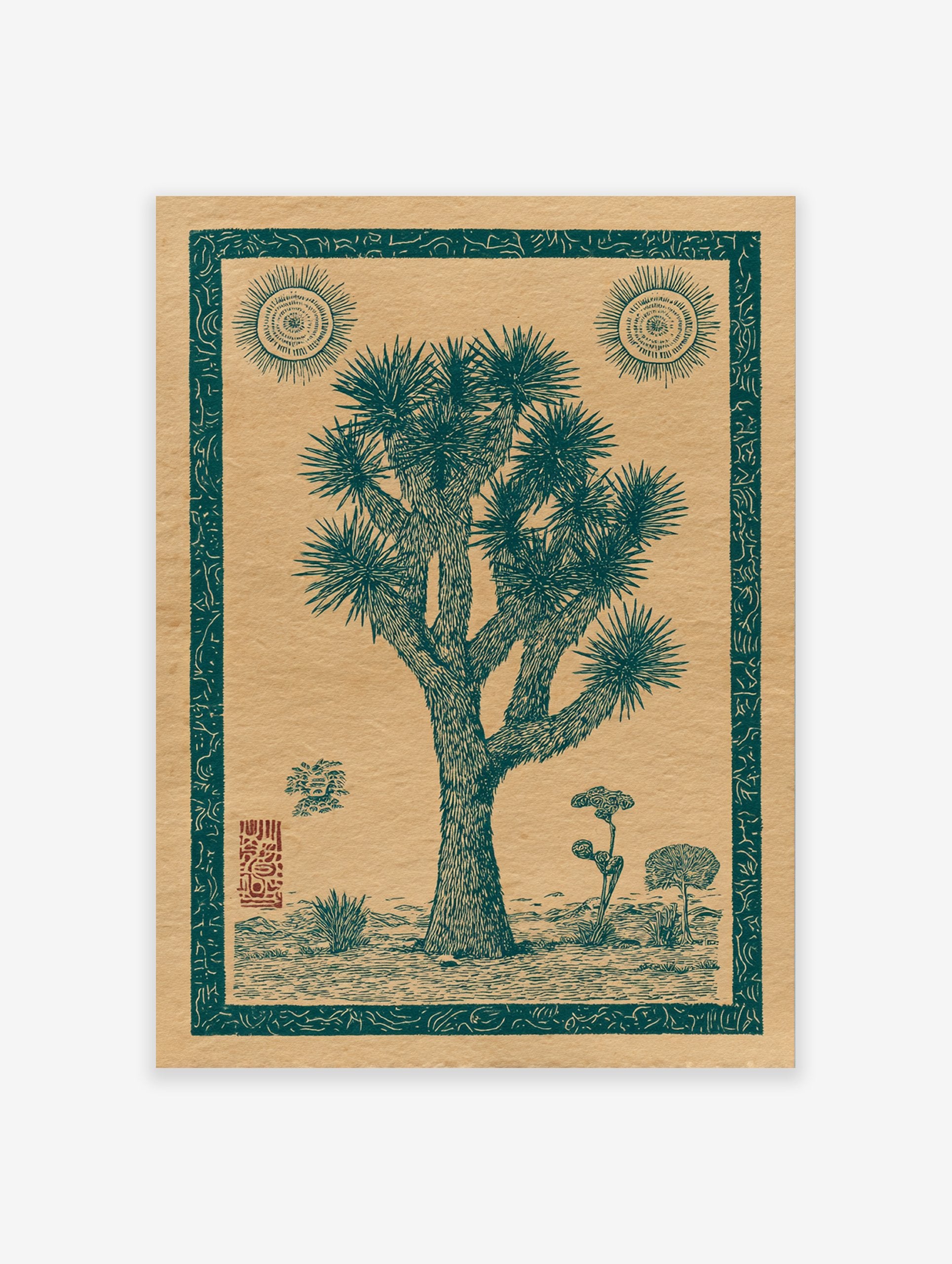 Joshua Tree poster featuring a vintage-style illustration of a desert landscape with suns and other plants.