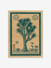 Joshua Tree poster featuring a vintage-style illustration of a desert landscape with suns and other plants.