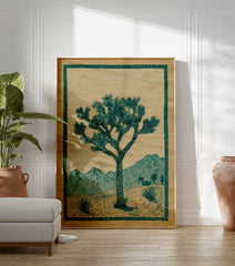 Joshua Tree poster depicting a desert landscape with mountains, two suns, and green botanical elements on brown paper. - Image 3