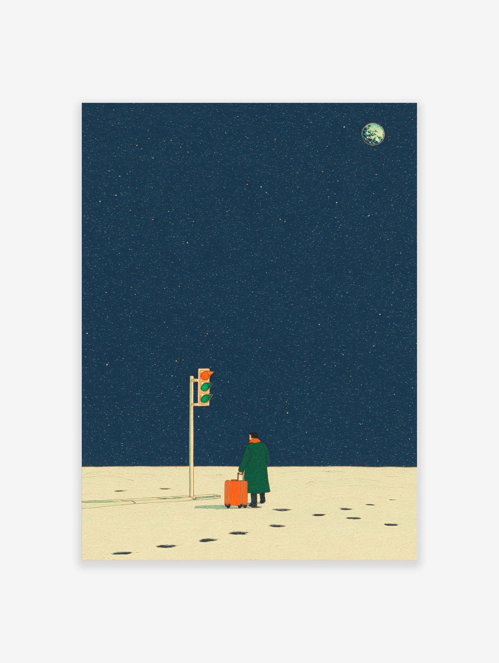 Illustrative print of a person with orange suitcase at traffic light under a deep blue starry night sky with moon