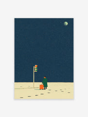 Illustrative print of a person with orange suitcase at traffic light under a deep blue starry night sky with moon
