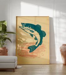 Vintage jumping fish poster featuring a teal bass leaping from water with red ripples on a light beige background. - Image 3