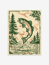 Vintage woodcut style art print of a jumping fish, possibly a trout, surrounded by pine trees and water splashes.