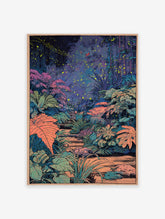 Poster of an enchanting jungle at night, featuring a path through lush foliage, glowing yellow fireflies, and red butterflies.