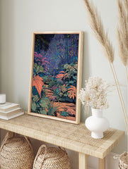 Poster of an enchanting jungle at night, featuring a path through lush foliage, glowing yellow fireflies, and red butterflies. - Image 4