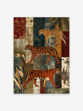 Three walking tigers in orange and black stripes on a vertical collage of jungle foliage and animal print patterns