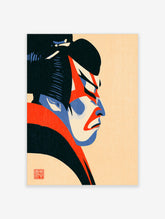 Kabuki actor profile portrait with red and blue face paint on cream background art print