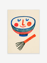 Kawaii ramen bowl poster with smiling face, red cheeks, blue rim, and chopstick with noodles