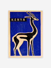 Stylised black and cream antelope illustration on a deep blue background with the word KENYA in a bold, modern font