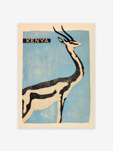 Kenya antelope poster with a black and white gazelle silhouette on a blue background and bold typography