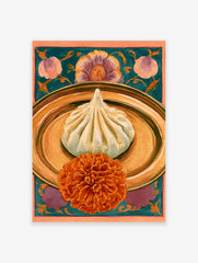 Khinkali dumpling on a golden plate with an orange marigold flower against a teal botanical background art print
