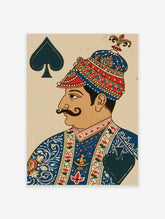 King of Spades playing card poster with blue turban portrait and large spade symbol
