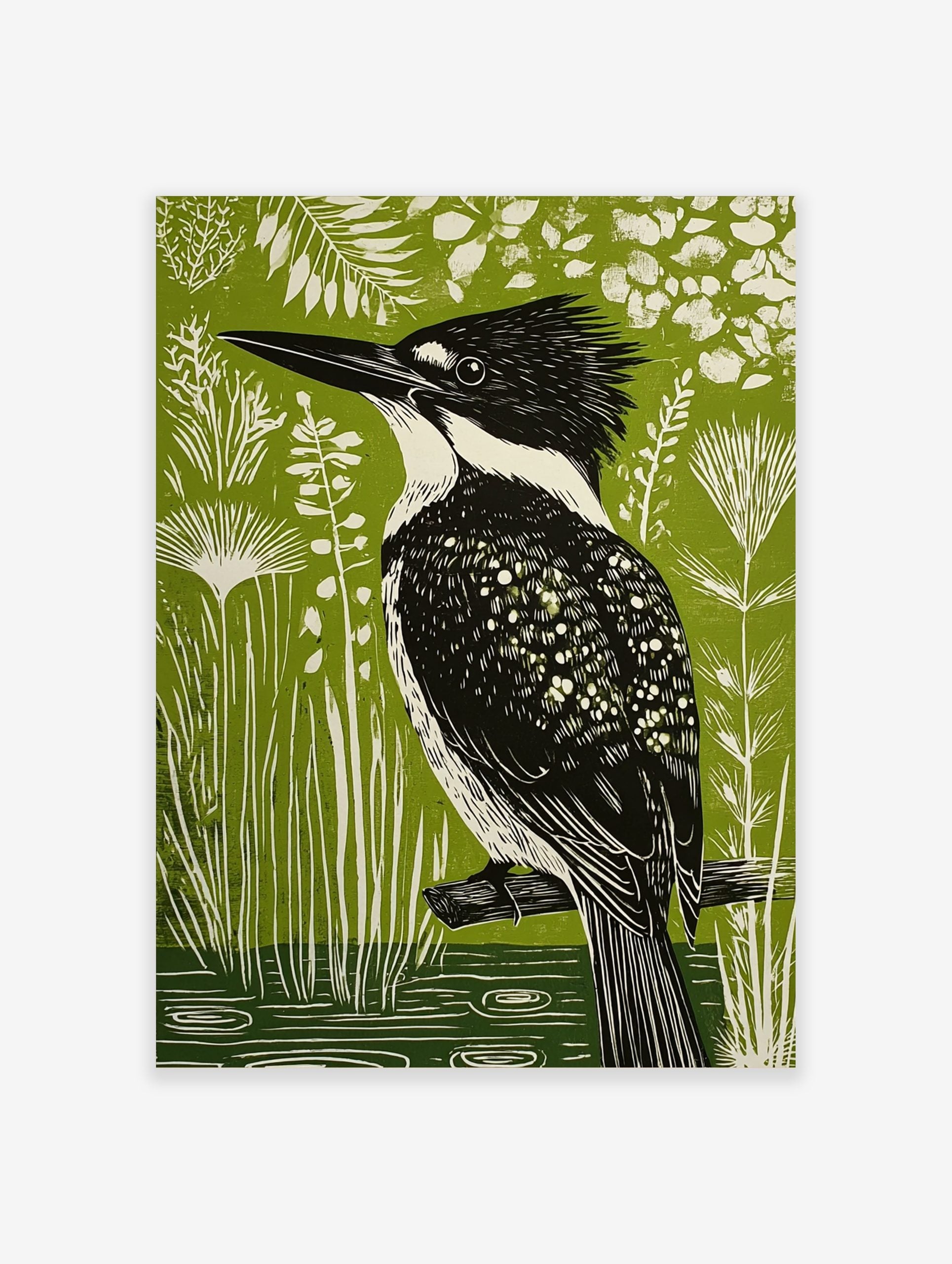 Linocut-style art print of a black and white kingfisher bird on a branch, vibrant green background