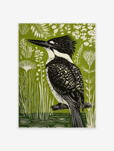 Linocut-style art print of a black and white kingfisher bird on a branch, vibrant green background