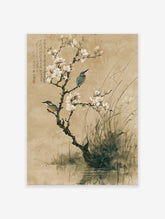 Japanese ink wash painting of two kingfisher birds on a flowering plum blossom branch over water with calligraphy.