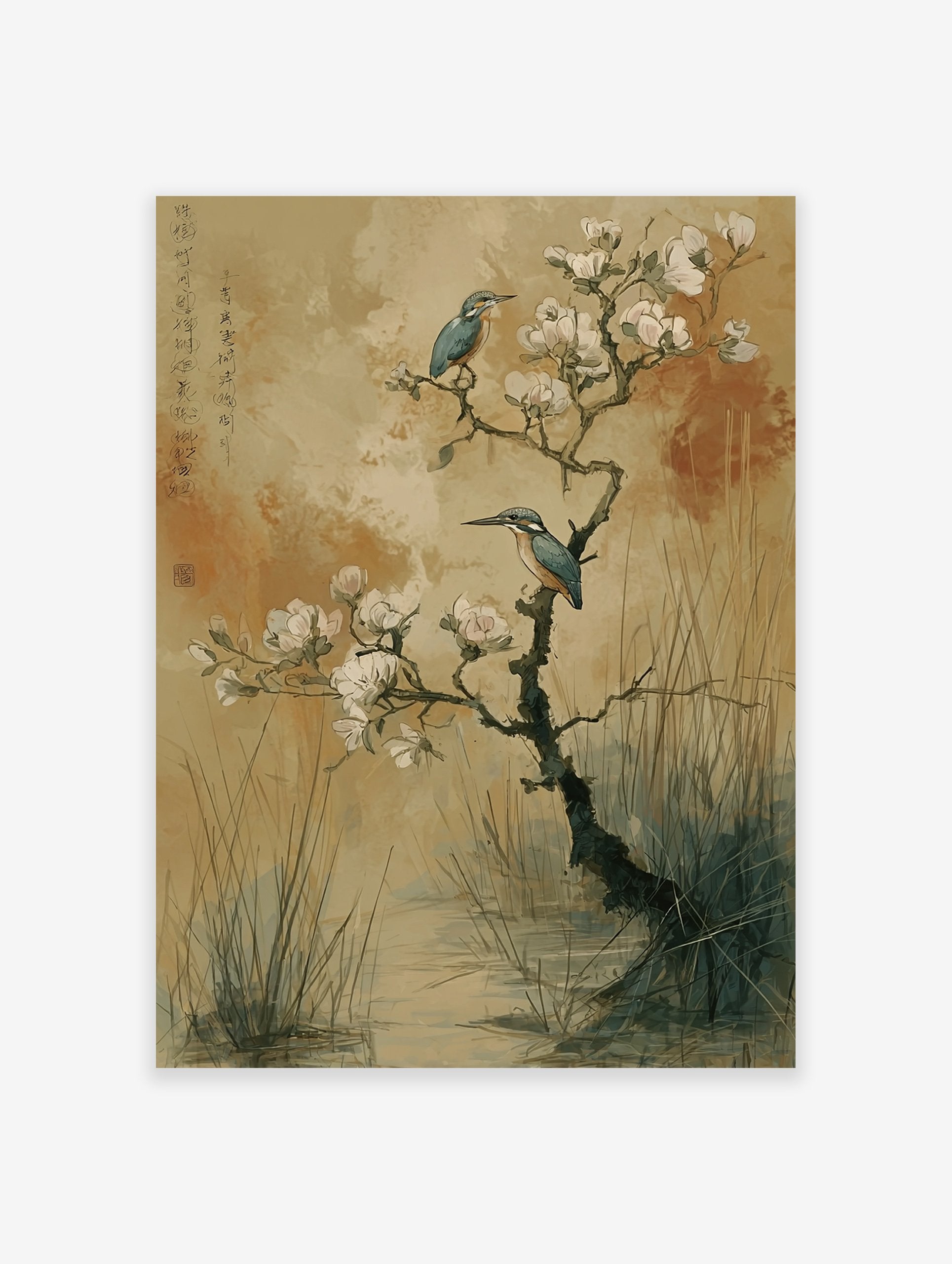 Japanese style kingfisher wall art print with two blue kingfishers on a flowering white blossom tree branch over water and reeds.