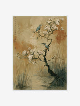 Japanese style kingfisher wall art print with two blue kingfishers on a flowering white blossom tree branch over water and reeds.