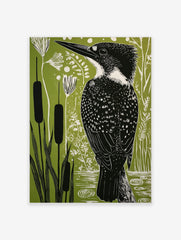 Illustrative linocut style print of a kingfisher bird among cattails and plants on a green background