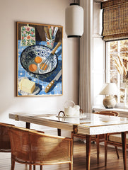 Illustrative kitchen baking scene with eggs, whisk, butter, and floral cutting board on blue tiles, kitchen wall art. - Image 3