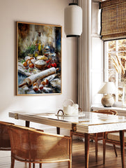 Kitchen ingredients poster featuring a watercolor still life of flour, eggs, rolling pin, olive oil, and tomatoes on a rustic table. - Image 2