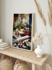 Kitchen ingredients poster featuring a watercolor still life of flour, eggs, rolling pin, olive oil, and tomatoes on a rustic table. - Image 4