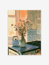 Kitchen still life poster with blue kettle, flower vase, and patterned tiles