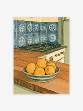 Kitchen still life poster of lemons in a bowl on a wooden counter with blue tiles and a gas hob