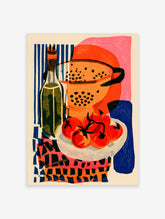 Illustrative kitchen still life wall art with tomatoes, a colander, and a bottle in orange, red, and blue on paper
