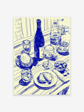 Blue line art kitchen wall art print of a dining scene with wine bottles, glasses, bread, and olives on a striped table.