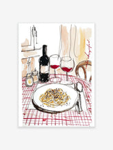 Watercolor illustration of an Italian dinner scene with pasta, red wine bottle, glasses, and checkered tablecloth, ideal Kitchen Wall Art.