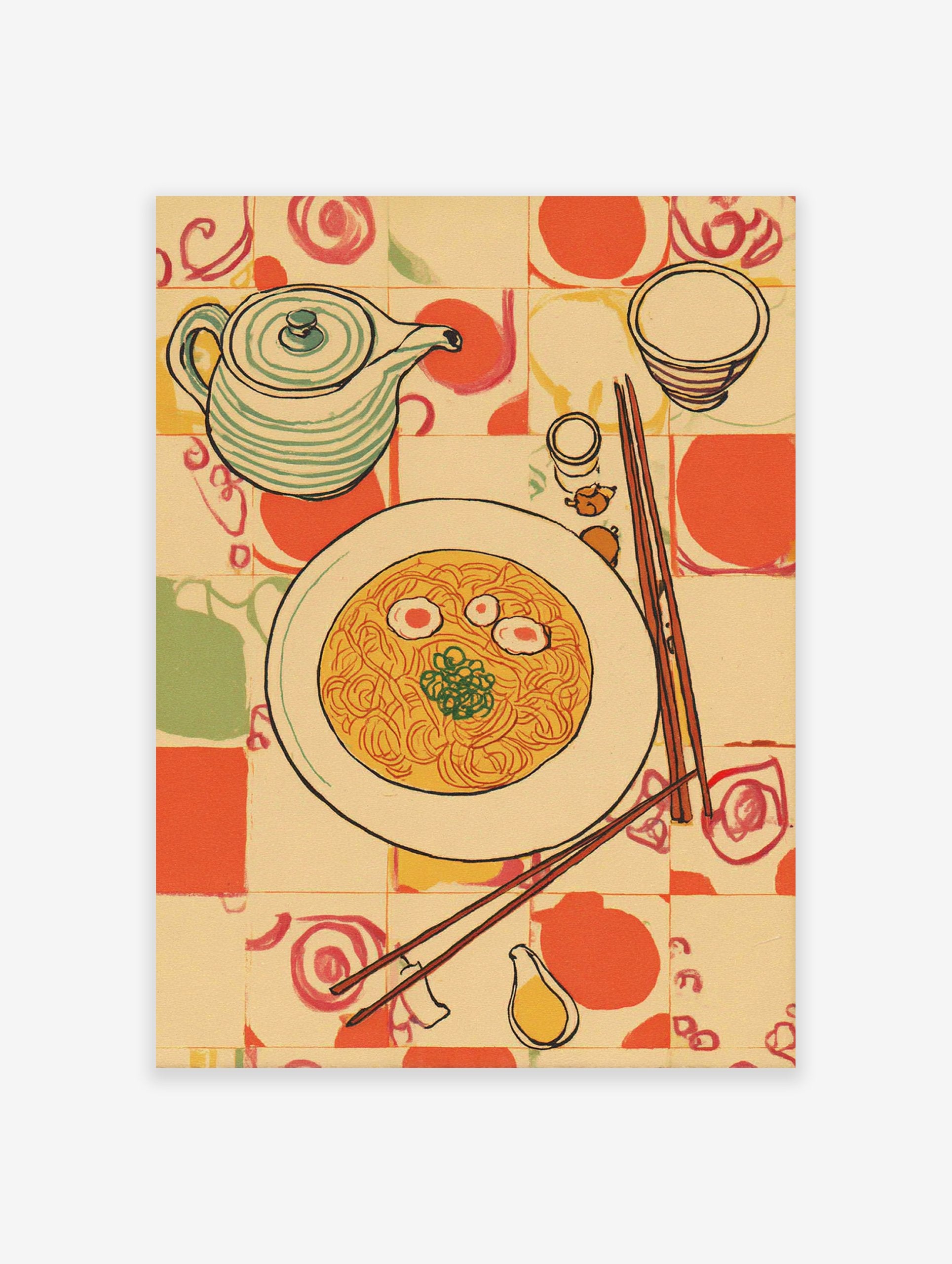 Illustrative kitchen wall art featuring a bowl of noodles, teapot, and chopsticks on a patterned tablecloth.