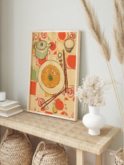 Illustrative kitchen wall art featuring a bowl of noodles, teapot, and chopsticks on a patterned tablecloth. - Image 3