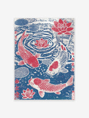 Japanese woodblock style print of three red and white koi fish swimming with red lotus flowers in a blue pond