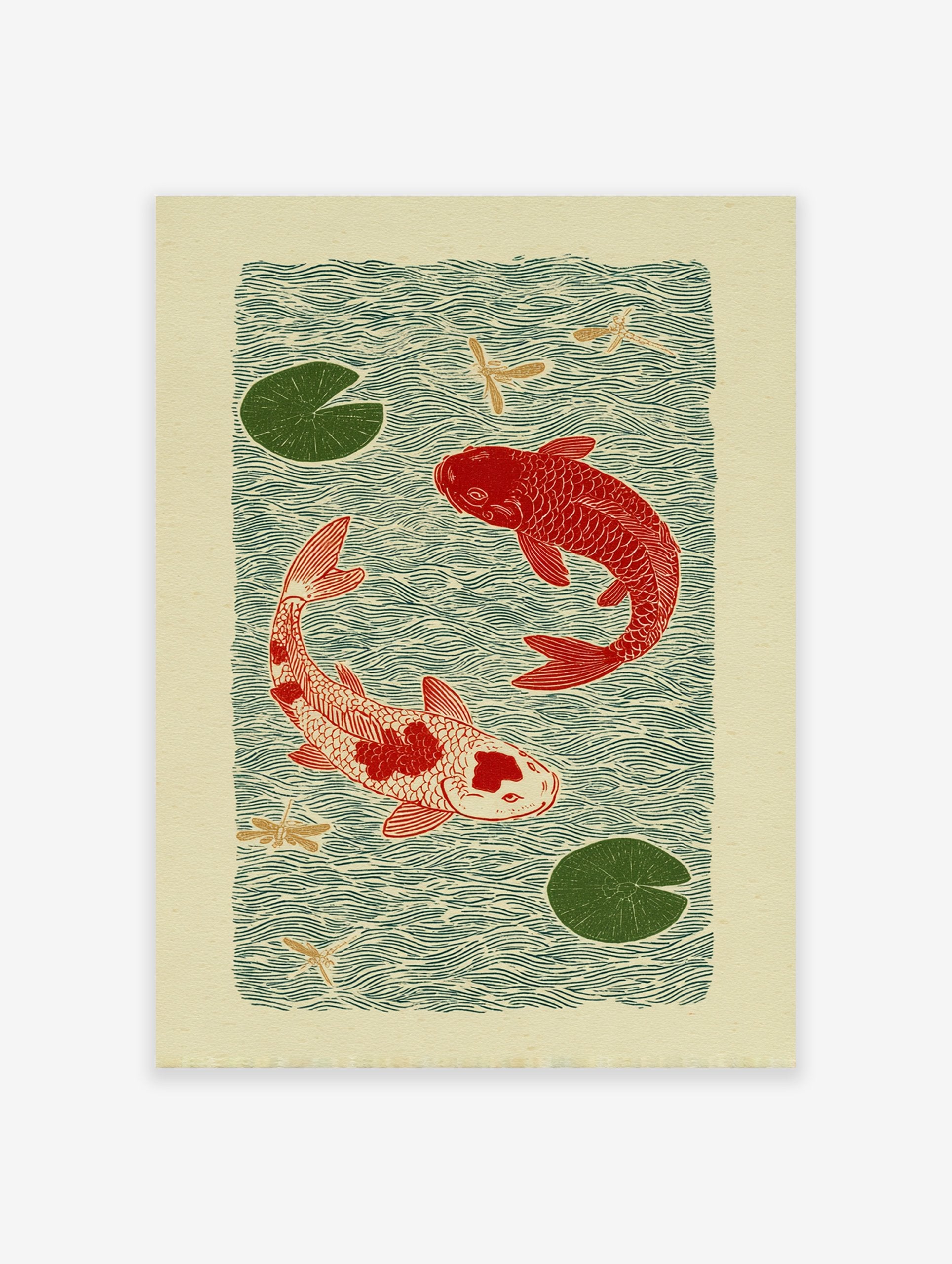 Japanese style Koi Fish Pond poster with two red koi, green lily pads, and dragonflies on a light background.