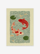 Japanese style Koi Fish Pond poster with two red koi, green lily pads, and dragonflies on a light background.