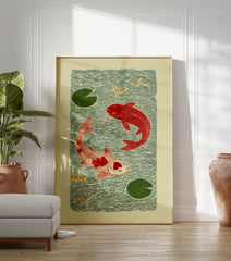 Japanese style Koi Fish Pond poster with two red koi, green lily pads, and dragonflies on a light background. - Image 3