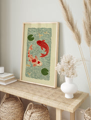 Japanese style Koi Fish Pond poster with two red koi, green lily pads, and dragonflies on a light background. - Image 4