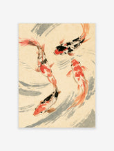 Four koi fish in red, black, and white swim among grey brushstrokes on a cream background