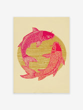 Pink and gold Koi Fish Poster with two fish forming a circle, Japanese art print style on a cream background.