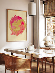 Pink and gold Koi Fish Poster with two fish forming a circle, Japanese art print style on a cream background. - Image 2