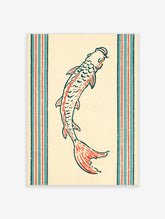 Koi fish art print with red and cream carp on striped background