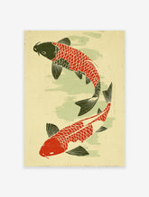 Japanese Koi Fish Poster featuring two red and black carp swimming on a pale green and yellow textured background.