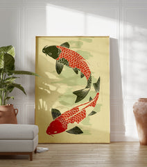Japanese Koi Fish Poster featuring two red and black carp swimming on a pale green and yellow textured background. - Image 3