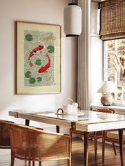 Japanese style koi fish poster with two red koi, green lily pads, and dragonflies in water. - Image 2