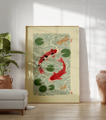 Japanese style koi fish poster with two red koi, green lily pads, and dragonflies in water. - Image 3